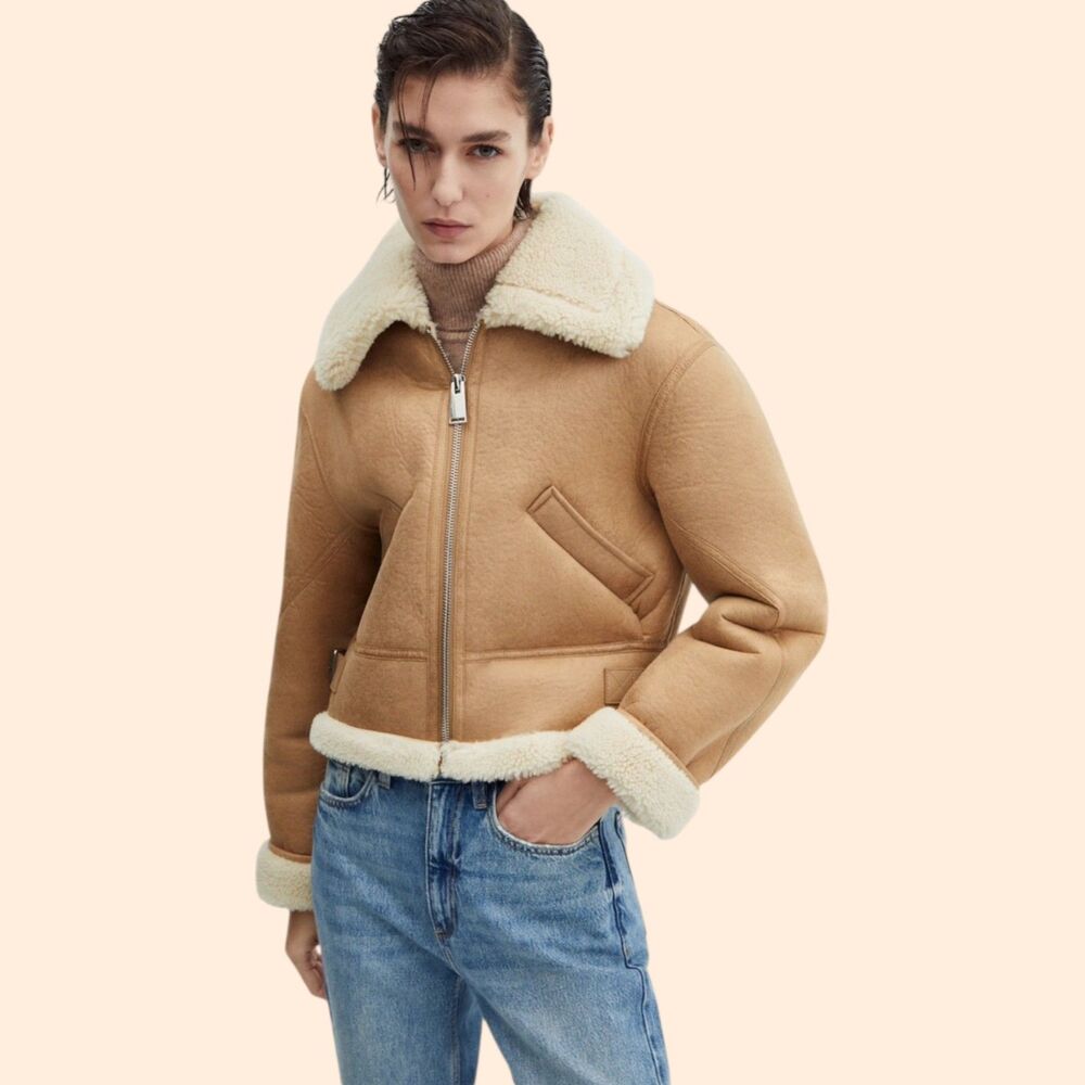 Mango Tan Shearling-Trim Leather Jacket